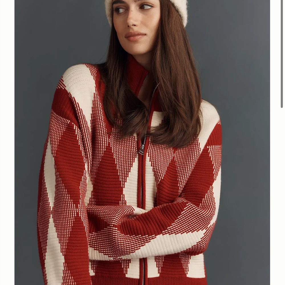 Varley Red and Cream Geometric Cardigan